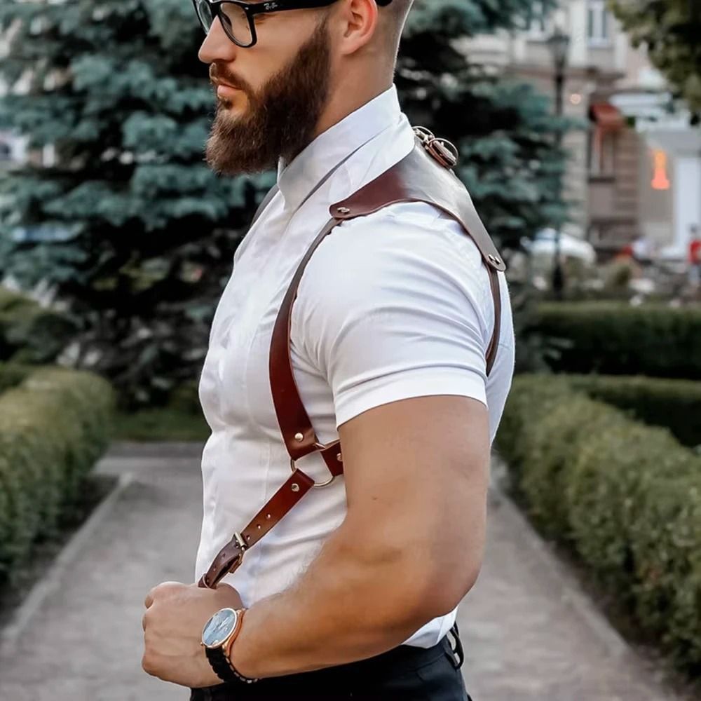 Mens Brown PU Leather Knight Suspenders for Costumes, Parties, and Fashion Styling