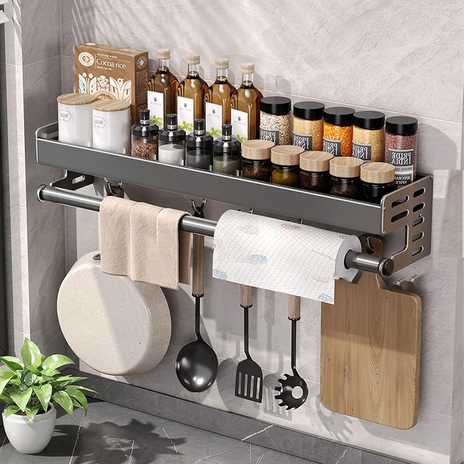 Wall Mount Utensil Holder, Multi-Functional Spice Organizer Shelf, Kitchen Hanging Storage Wall Shelf with Hooks
