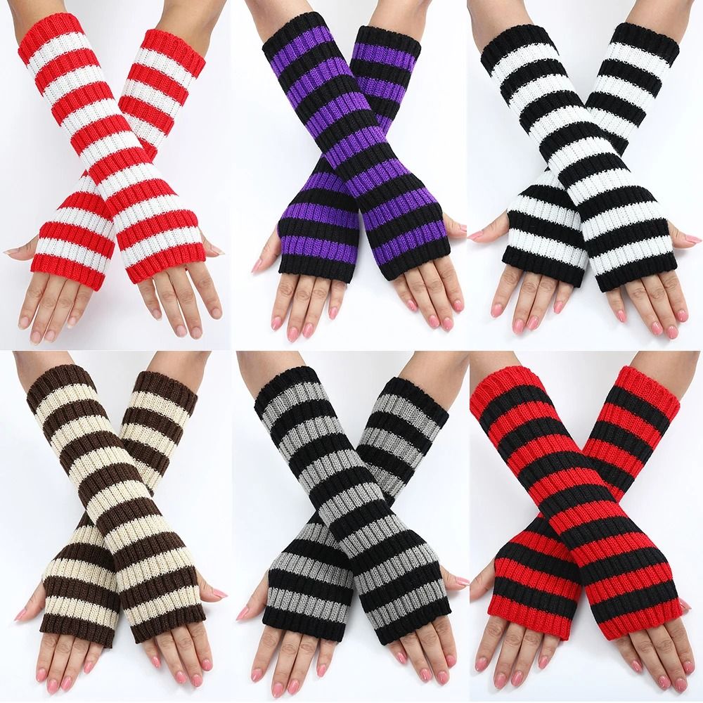 Gothic Striped Fingerless Arm Warmers - Harajuku Y2K Knit Sleeves