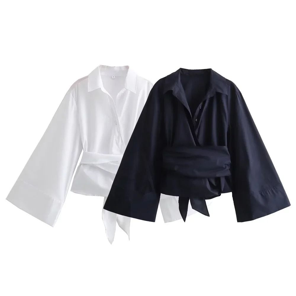 Womens Bow Tie Blouse Double Breasted Polo Collar Shirt Cropped Poplin Top