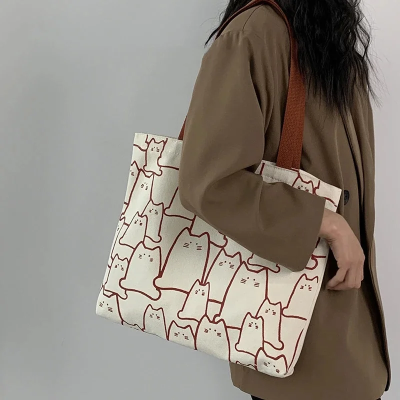 Fashion Canvas Cute Cat Shopper Handbags, Casual Graphic Tote for Women, Small Shoulder Japanese Cartoon Bag