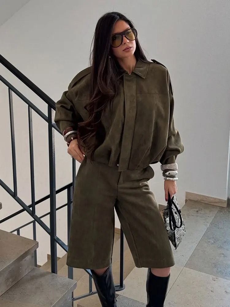 Womens Suede Bomber Jacket In Brown And Green