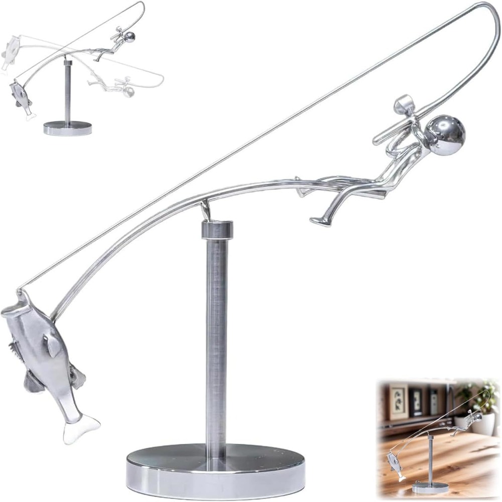 Metal Fisherman Balancing Sculpture, Handmade Kinetic Fishing Statue Desk Ornament Gift for Fisherman Lovers