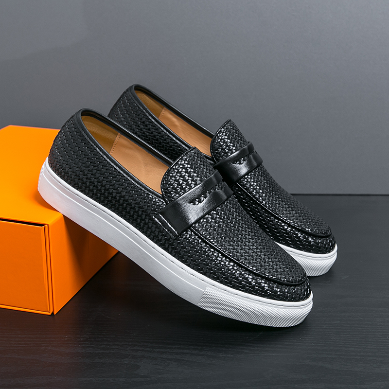 Men's Slip On Loafers, Soft Leather Shoes, Weave Pattern Sneakers, Casual Flats