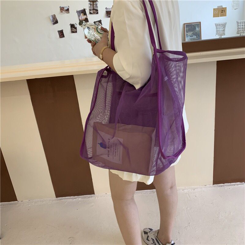 Womens Mesh Beach Tote Large Capacity Summer Travel Shoulder Bag