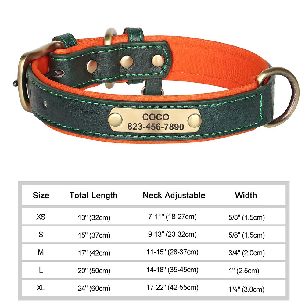 Custom Engraved PU Leather Dog Collar with Personalized ID Nameplate