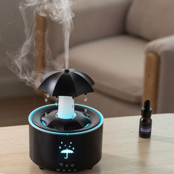 Rotating Umbrella Waterfall Humidifier, LED Aromatherapy Diffuser with Raindrop