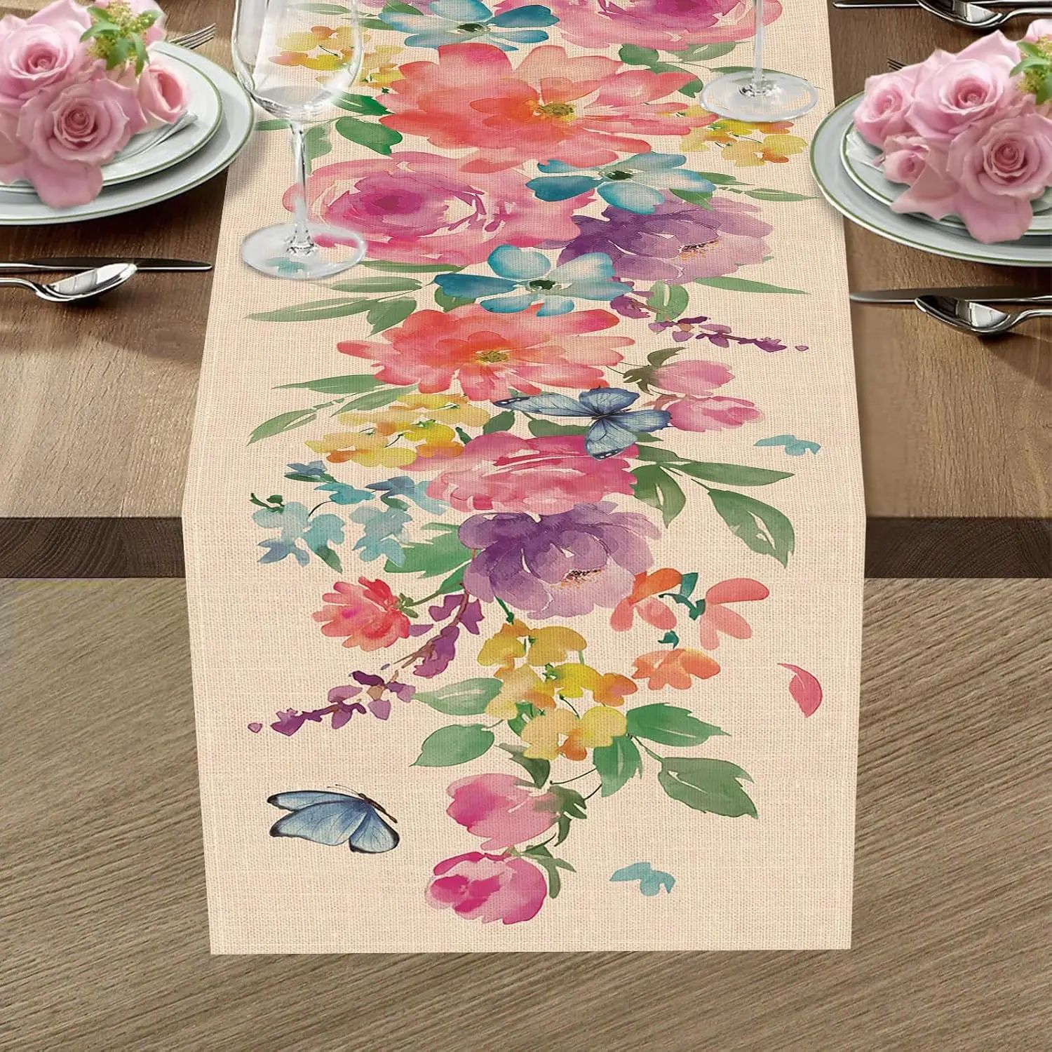 Floral Linen Table Runner – Spring Watercolor Butterfly Table Runner for Dining, Wedding & Party Decor