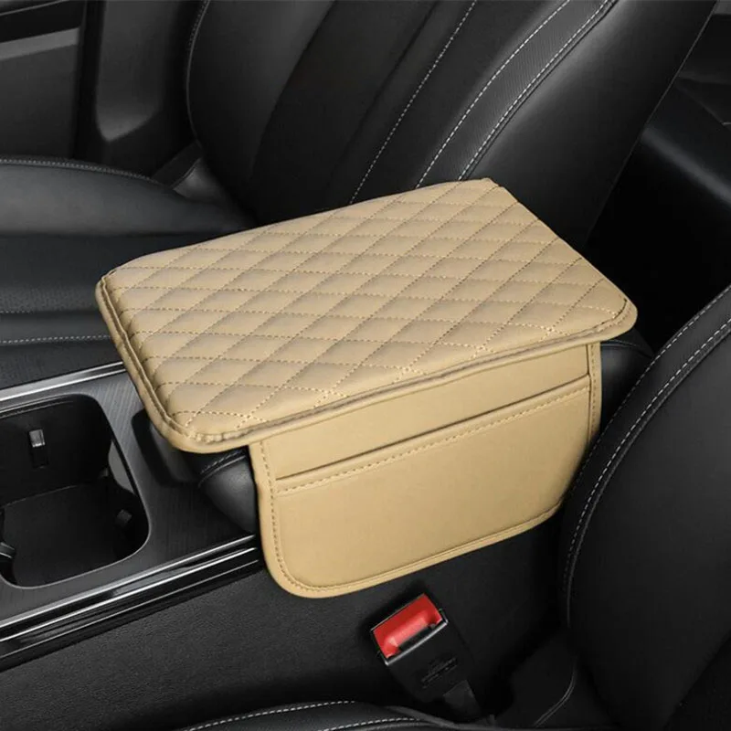 Beige Quilted Leather Car Armrest Cushion with Storage, Fit Most Auto Consoles