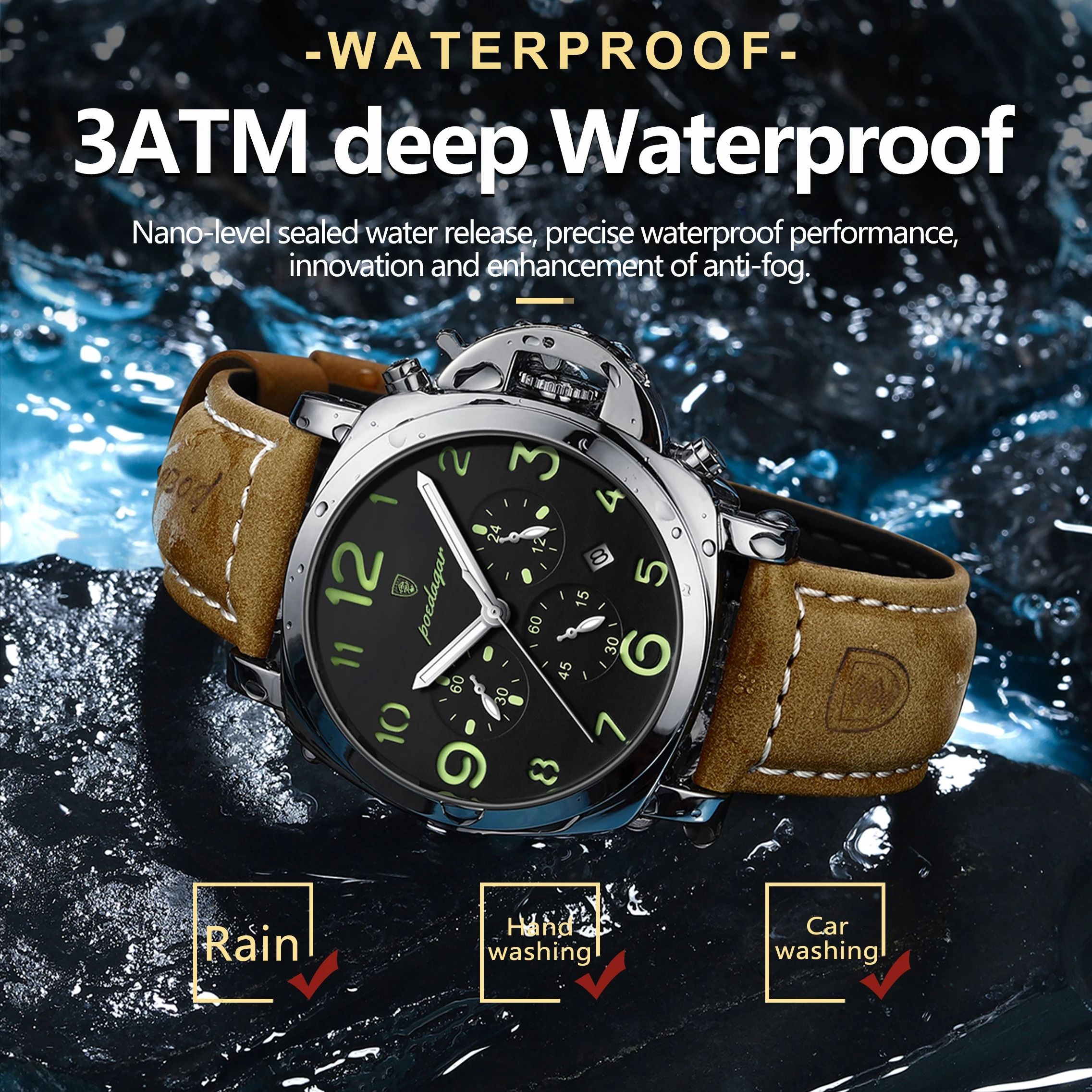 Luxury Military Waterproof Watch with Luminous Leather Strap Quartz Movement