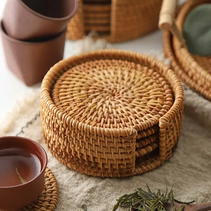 Drink Coasters for Tea, Rattan Weave Tableware, Heat Insulation Mat Pad, Round Place Mat, Dish Mat for Cups