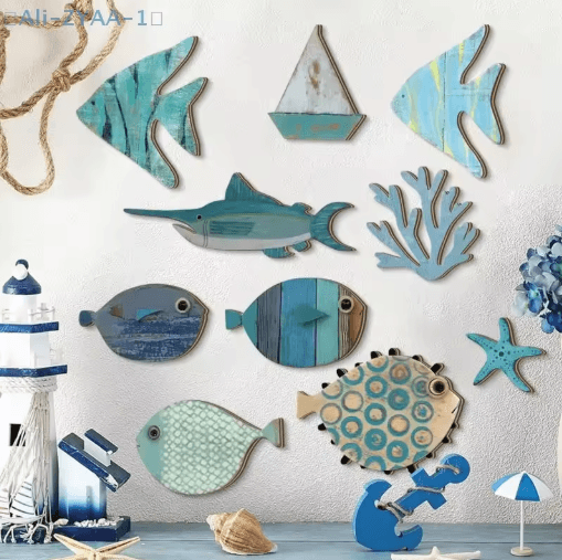 10PCS Wooden Fish Wall Decor Set – Nautical Coastal Art for Beach Bathroom & Home
