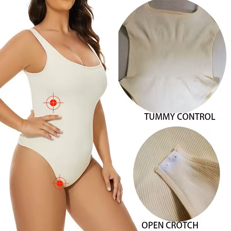 Ribbed Tummy Control Bodysuit – Light Compression Shaper with Open Crotch