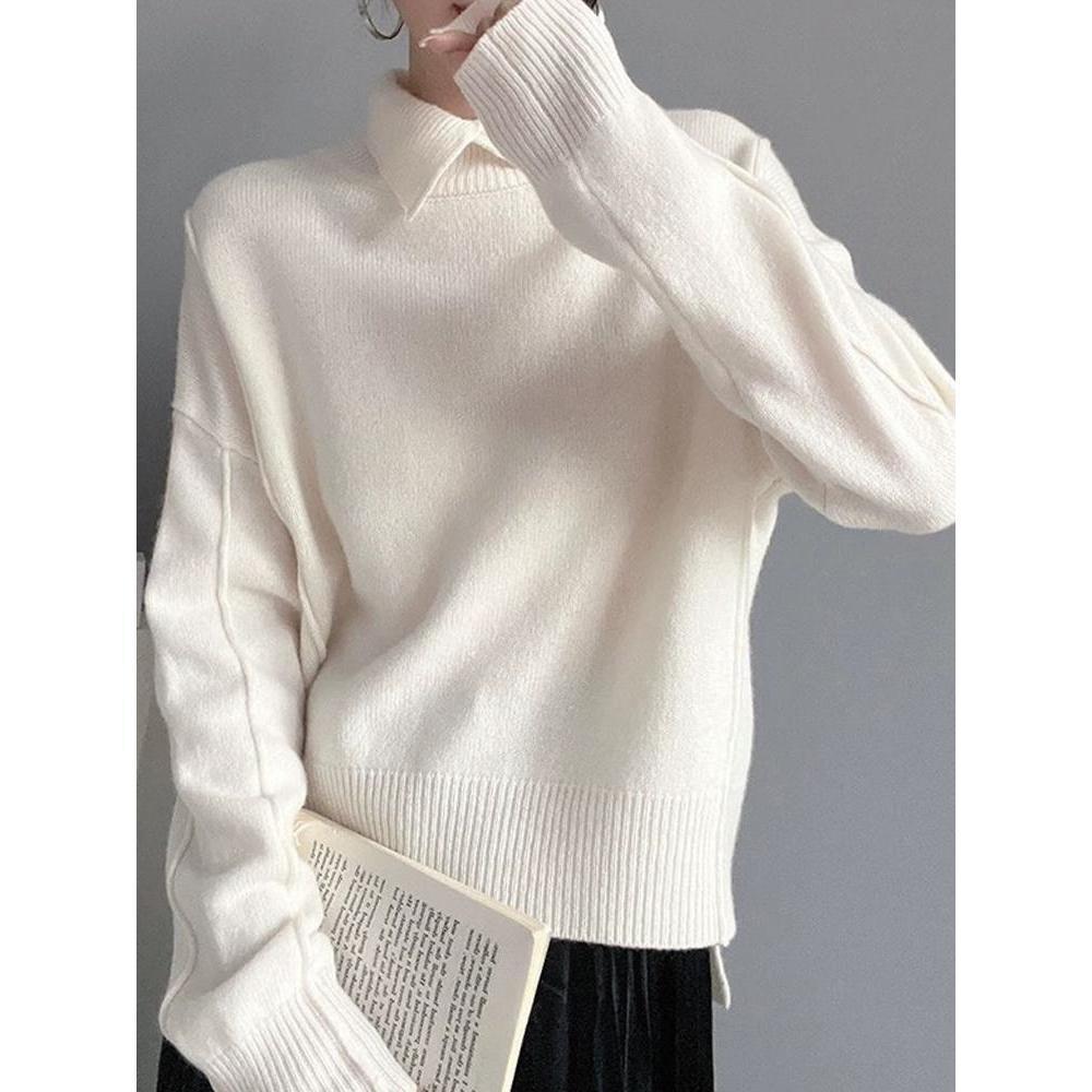 Women Elegant Knit Pullover Sweater Classic Turn Down Collar Winter Top for Ladies