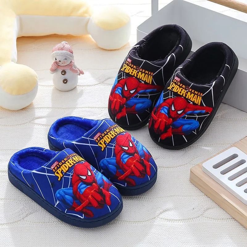 Cartoon Spiderman Cotton Slippers For Kids With Warm Lining And Indoor Comfort
