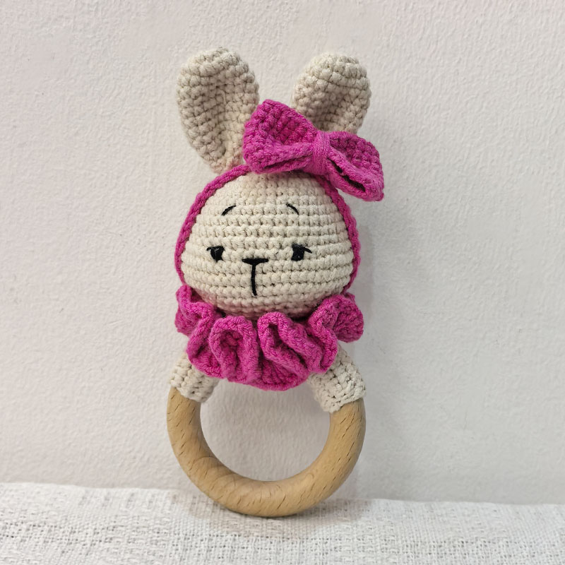 Long Ear Bunny Baby Rattler Safety Wooden Teether Mobile Crib Bell Teething Toy