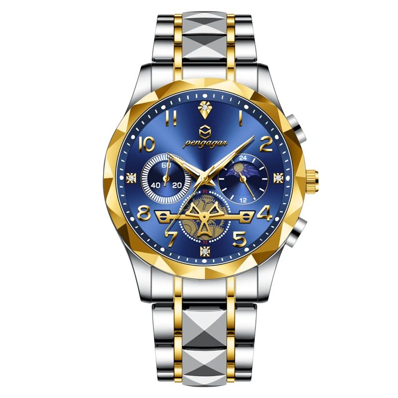 PAAZOMU Luxury Stainless Steel Men's Chronograph Quartz Watch with Moon Phase