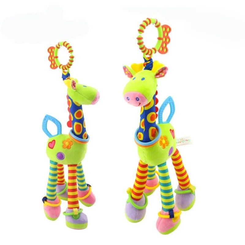 New Soft Cute Giraffe Animal Handbells Rattles Plush Infant Handle Toy with Teether