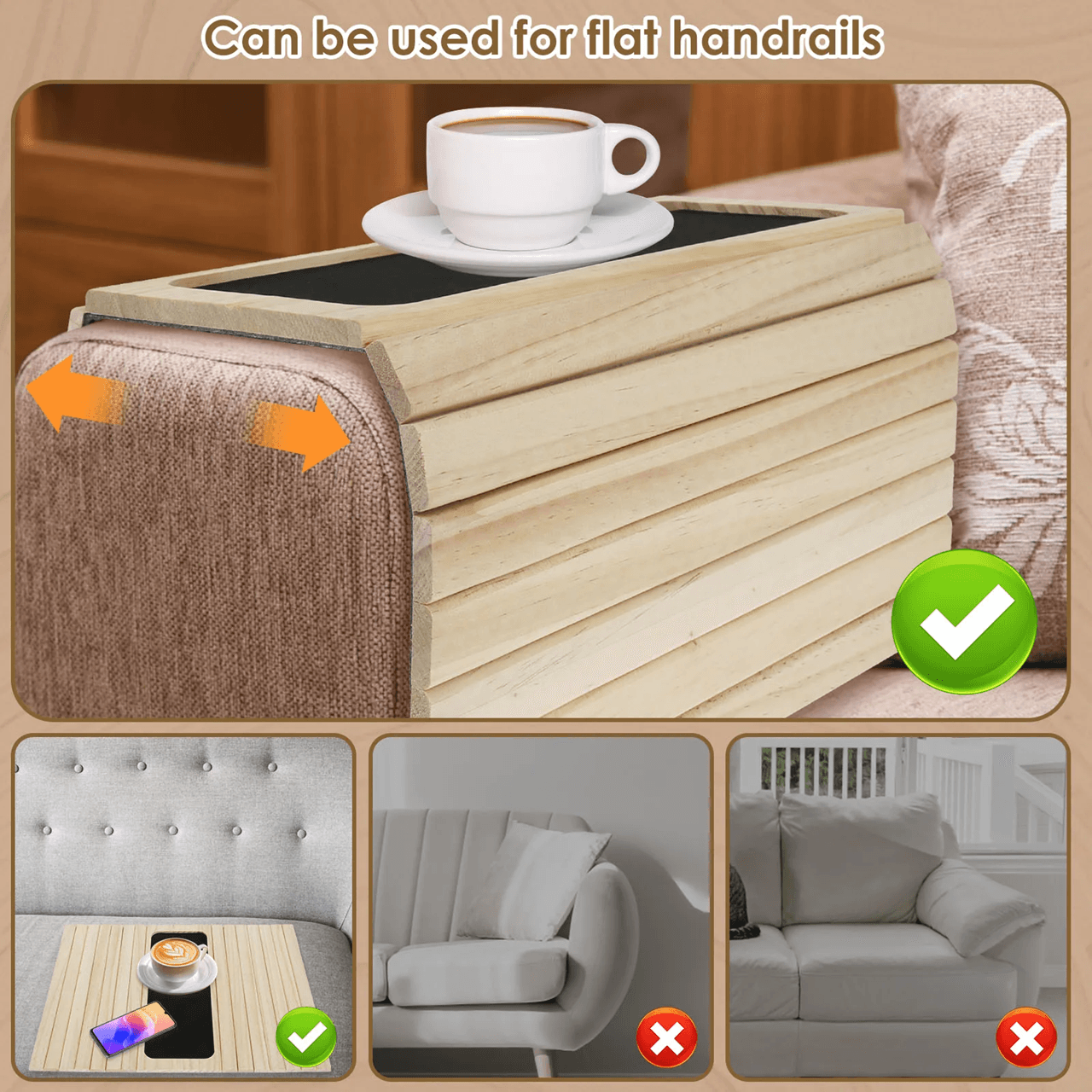 Foldable Wood Sofa Arm Tray Anti Slip Couch Arm Table