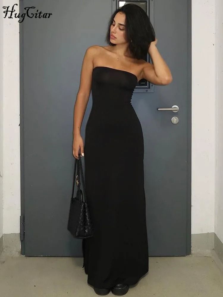 Hugcitar Black Strapless Long Sleeve Bodycon Maxi Dress
