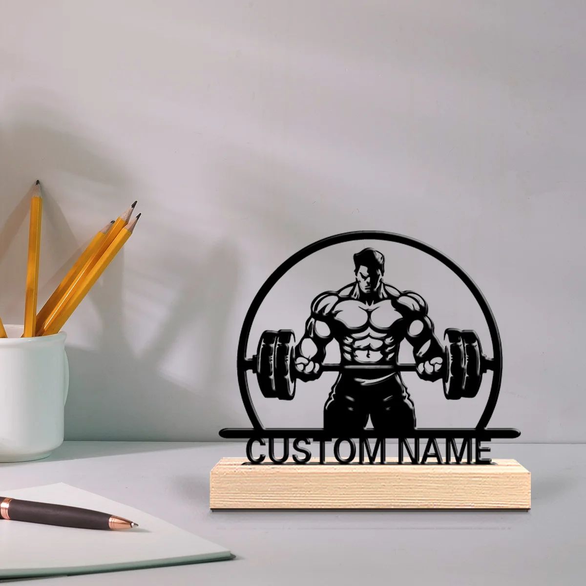Custom Weightlifting Metal Art Sculpture with Wooden Base – Personalized Gym Tabletop Decor Gift