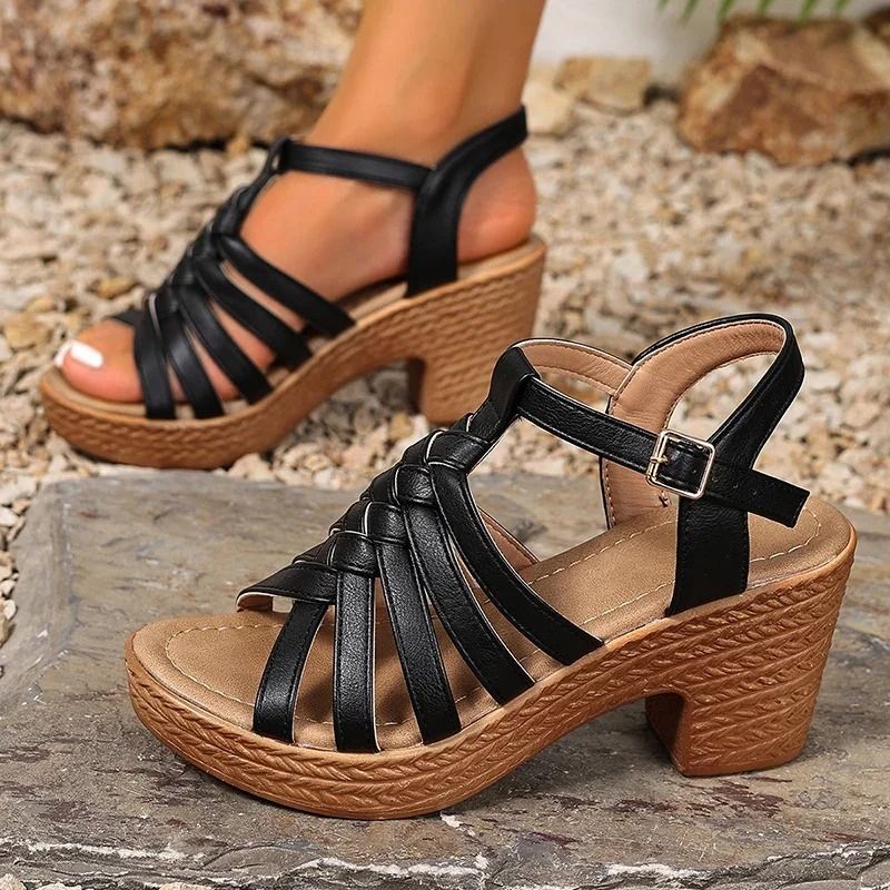 Hollow Weaving Chunky Heel Sandals Ankle Strap Platform Casual Beach Shoes