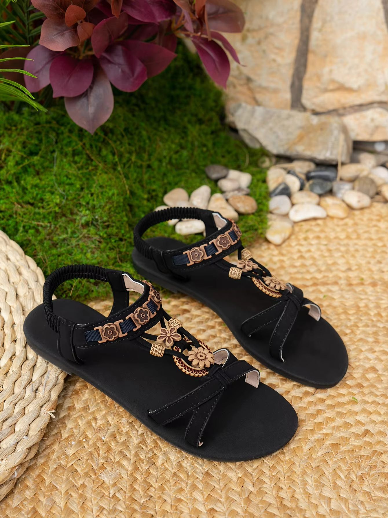 Boho Bliss Round-Toe Flat Sandals – Casual Summer Bohemian Sandals