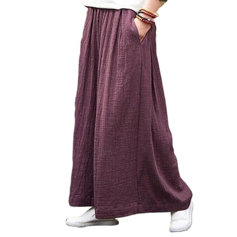 Womens Cotton Linen Wide Leg Pants Plus Size Loose Casual Long Trousers