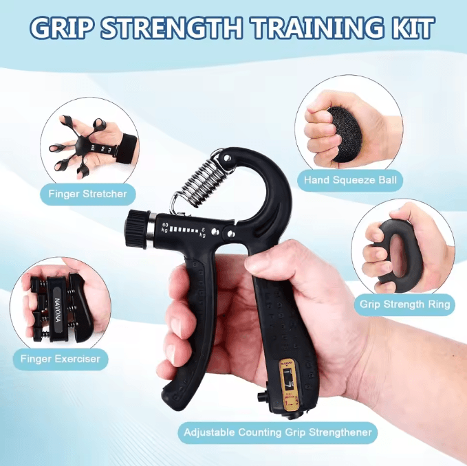 PowerGrip 5-in-1 Grip Trainer Kit Adjustable Hand Gripper Set with Finger Exercisers & Stress Ball for Strength