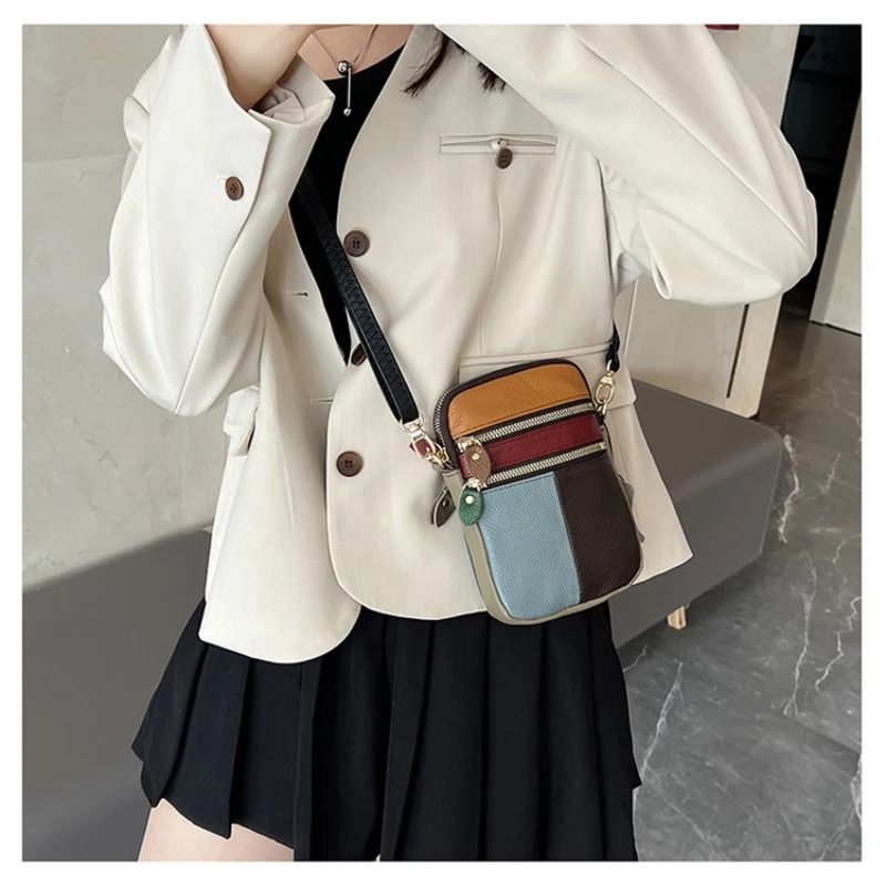 Soft Leather Womens Mini Shoulder Bag Multi Zipper Phone Crossbody Purse