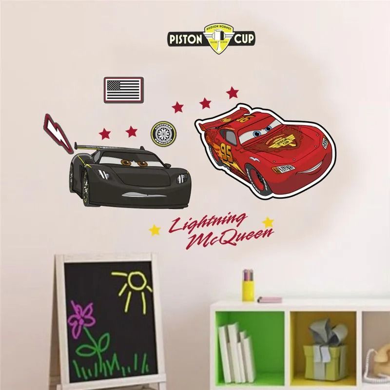 3D Cartoon Cars Breakthrough Wall Decal | Lightning McQueen Racing Mural | High-Fidelity Kid's Room & Playroom Art