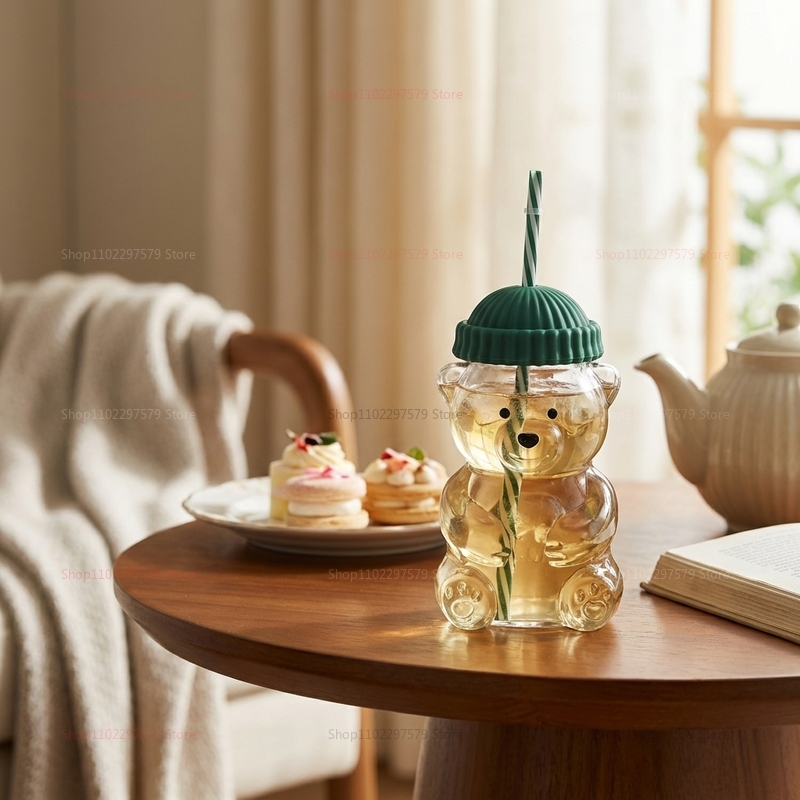 Cute Bear Glass Cup with Straw and Borosilicate Drinkware Mug