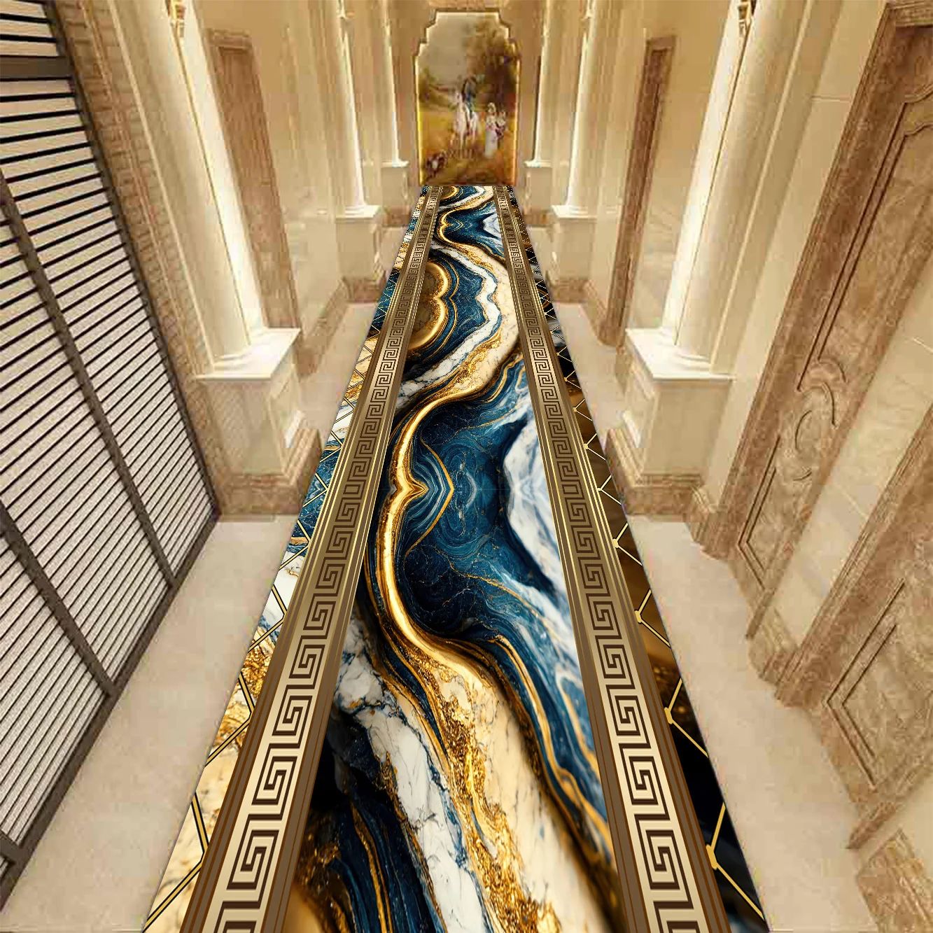 Golden Marble Runner Rug – Luxury Non-Slip Hallway & Stair Carpet