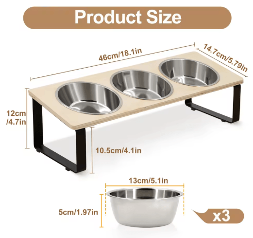 Elevated Cat Bowls Feeder with 15° Tilt & 3 Stainless Steel Bowls