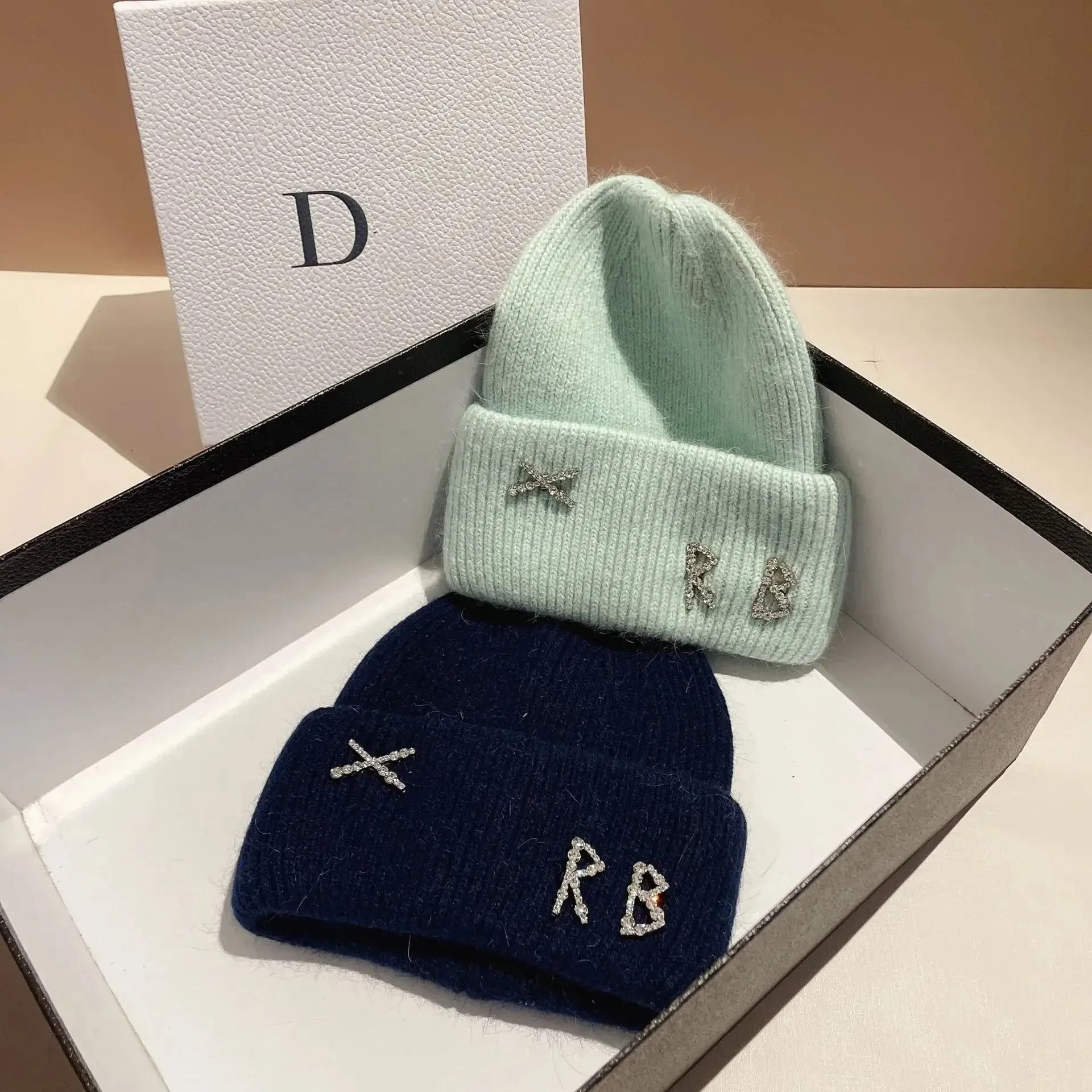 Diamond-Embellished Rabbit Fur Blend Thermal Beanie