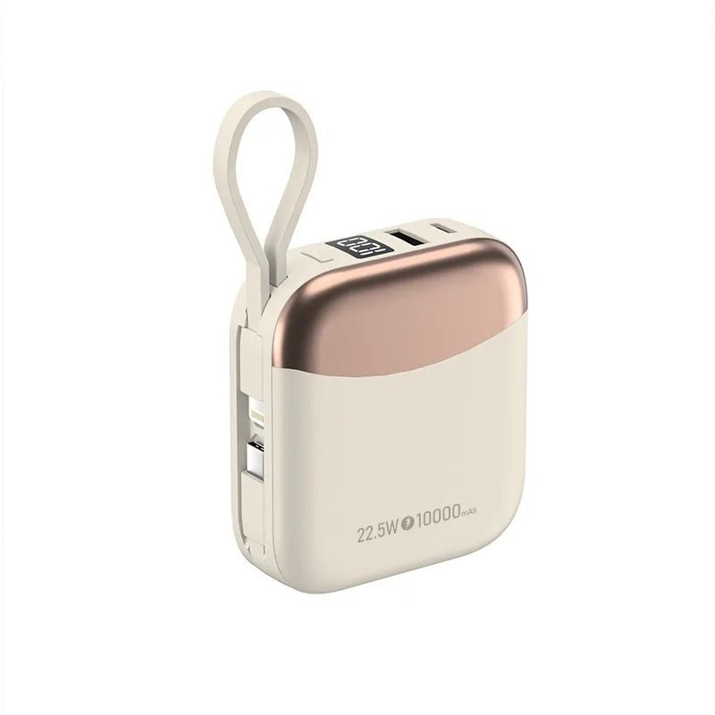 Mini Palm Power Bank – 10000mAh Ultra-Compact External Battery with 22.5W Fast Charge & Built-In Cables