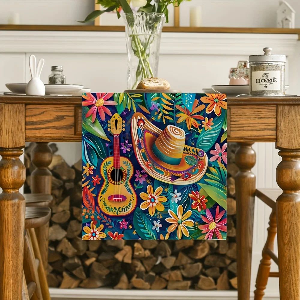 Mexican Style Cactus Print Linen Table Runner