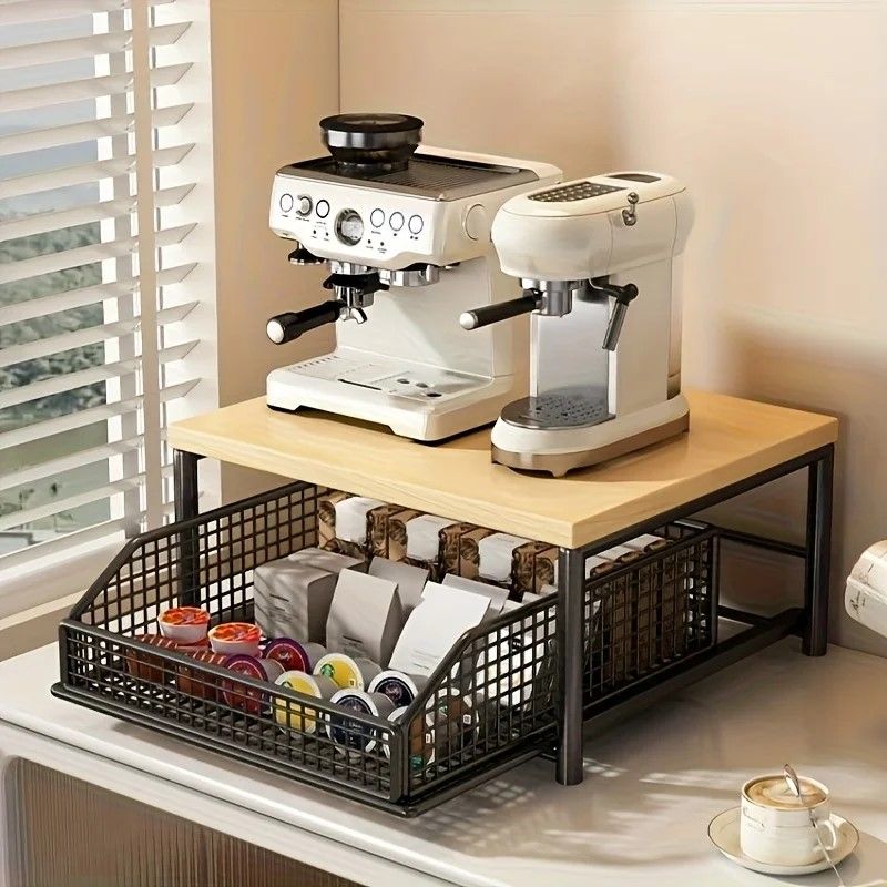 Solid-Wood & Metal Countertop Microwave Rack, Space-Saving Kitchen Storage Stand