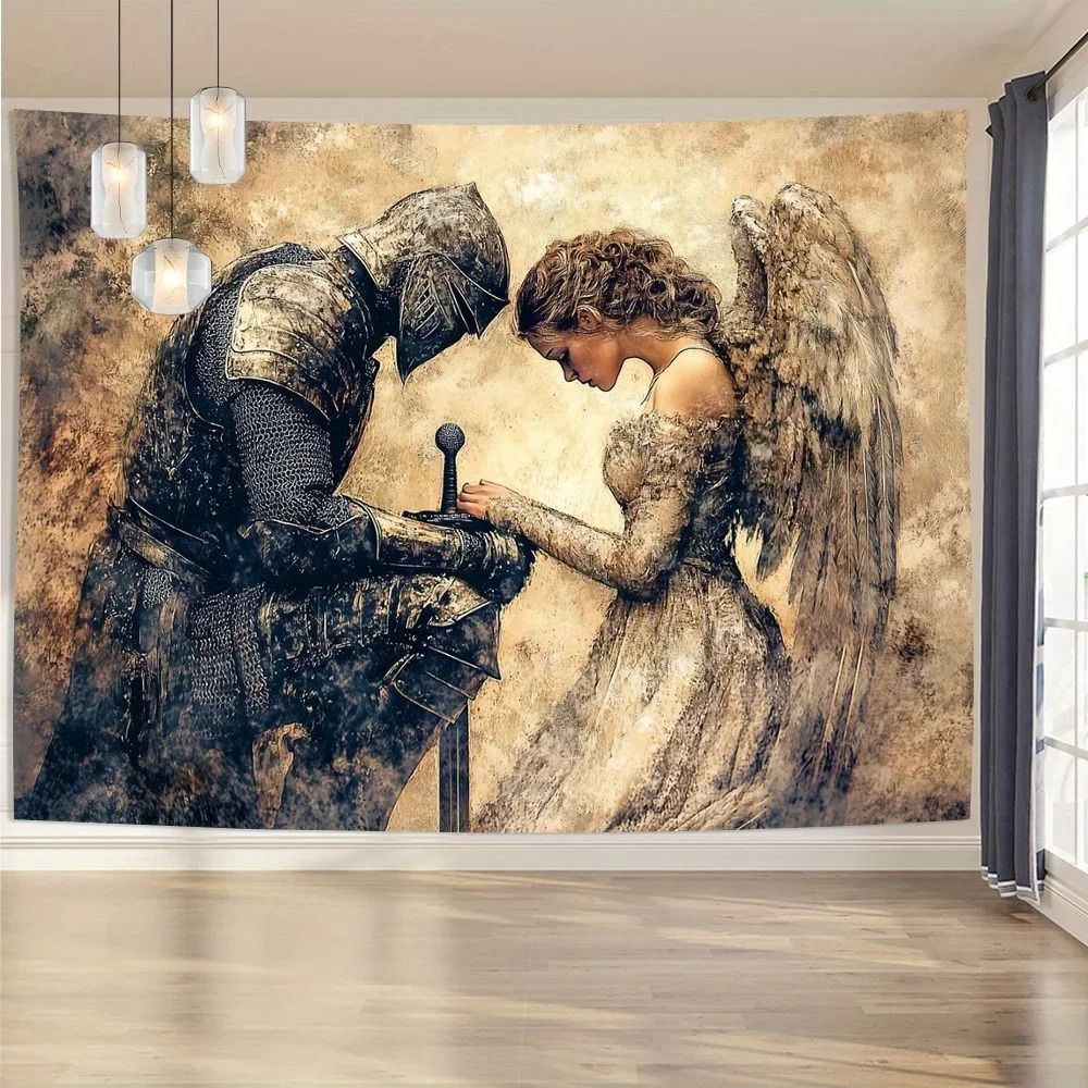 Vintage Knight & Angel Tapestry | Medieval Prayer Front Scene Mural | Elegant Polyester Fabric Wall Hanging Decor