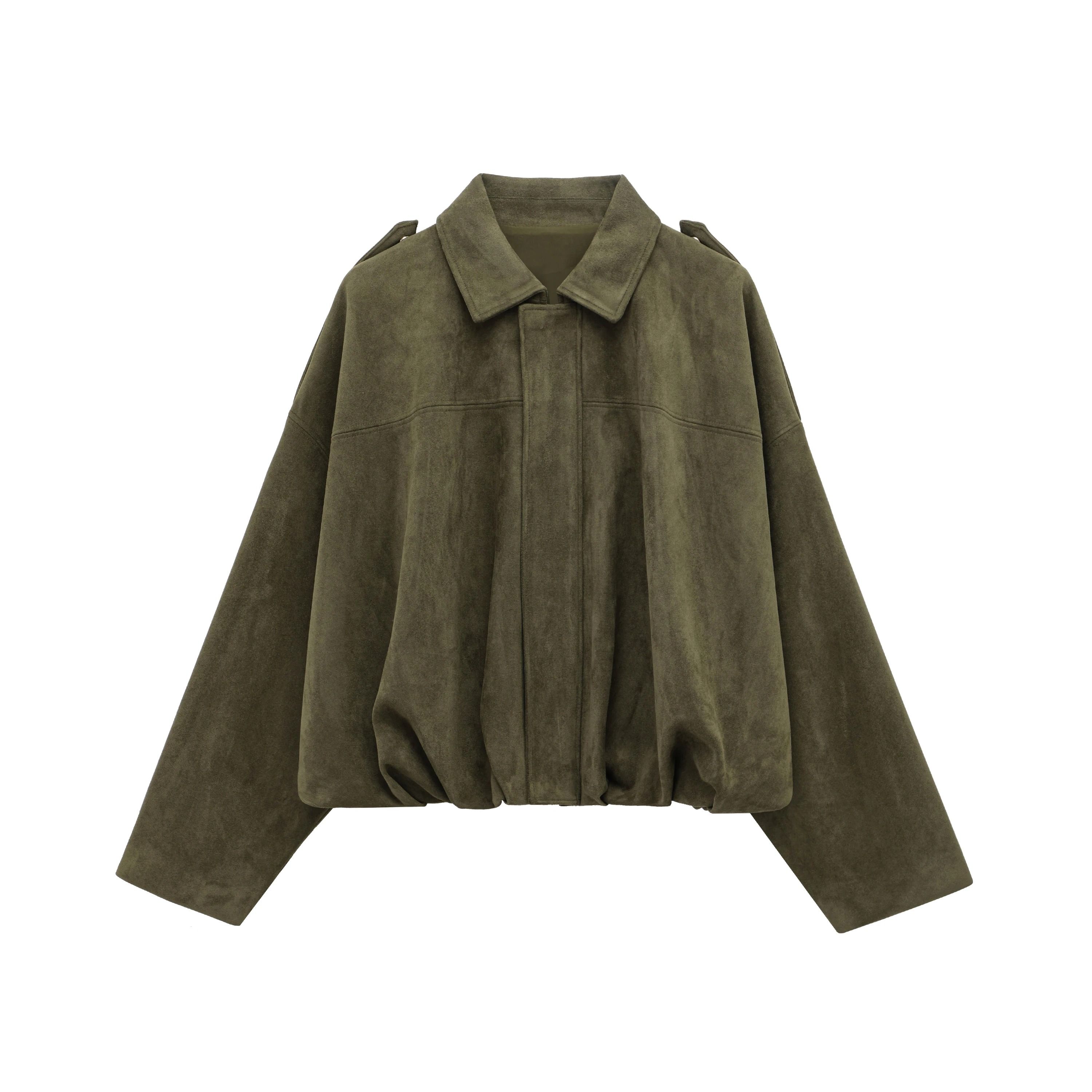 Womens Suede Bomber Jacket In Brown And Green