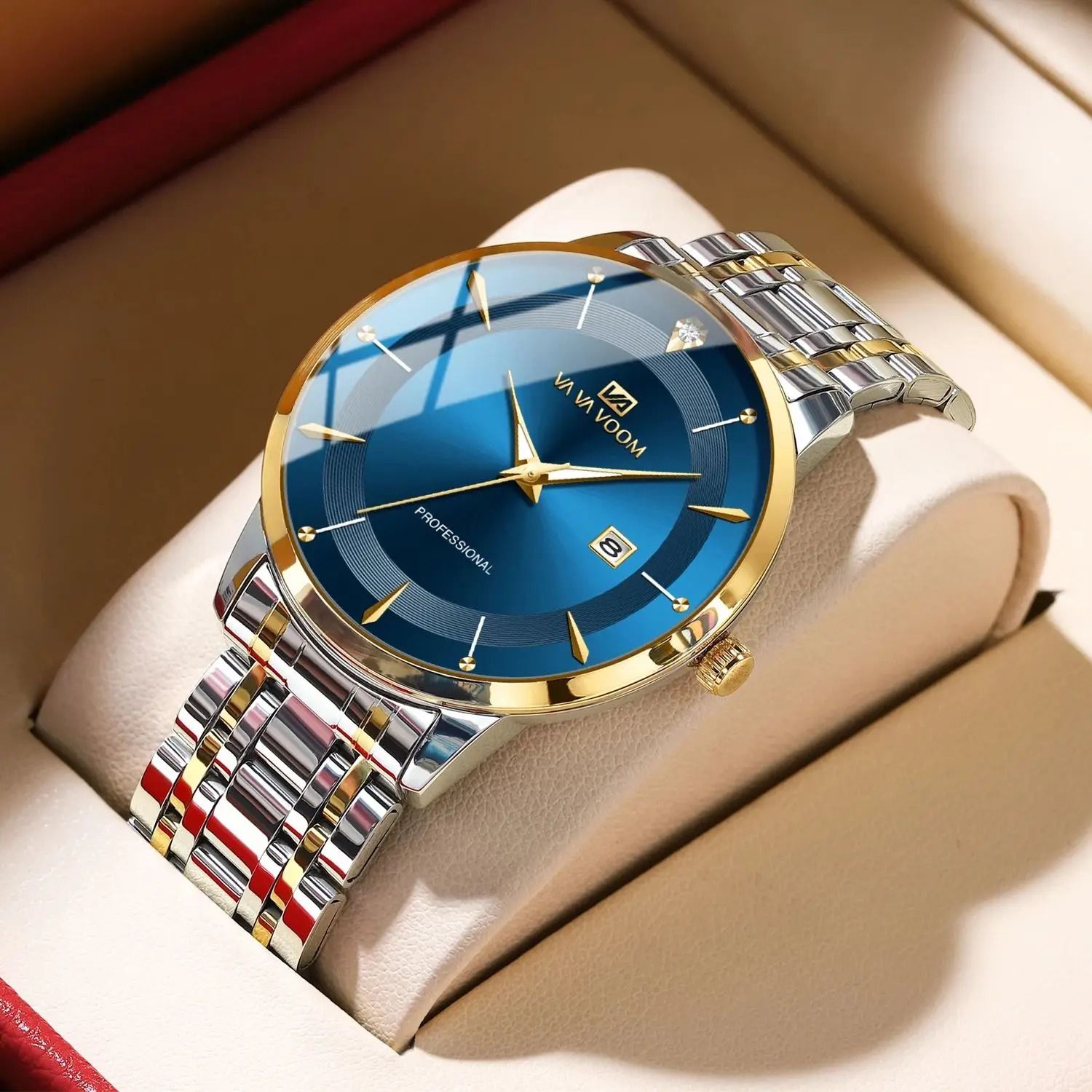 Mens Stainless Steel Rhinestone Business Watch 43mm Blue Gold Quartz