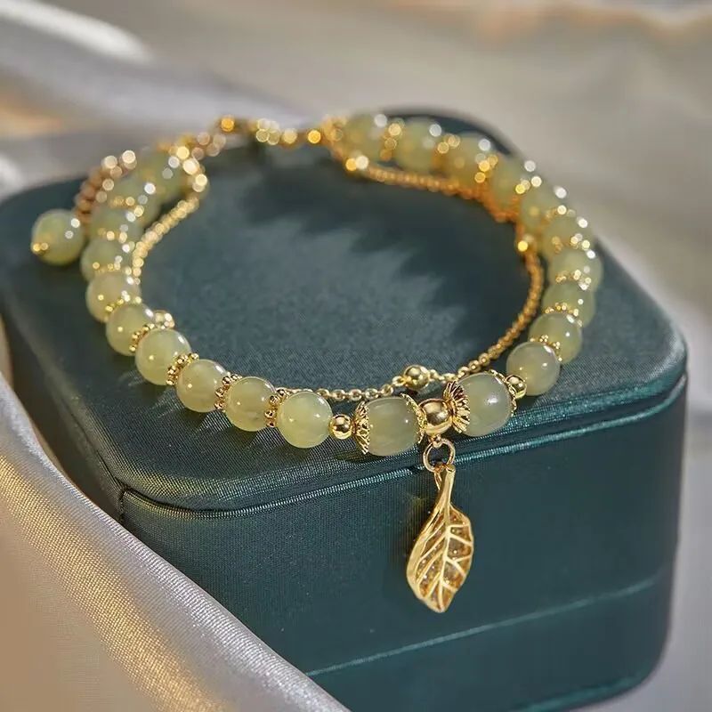 Chinese Style Green Jade Gold Leaf Double Chain Bracelet