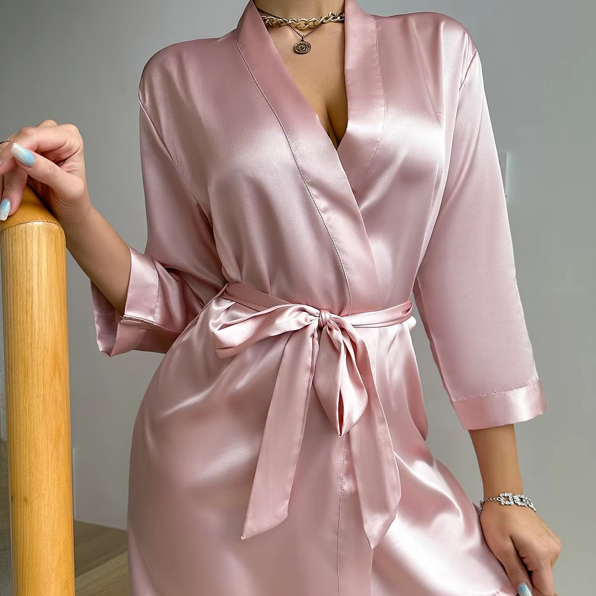 Women's Summer Ice Silk Lace-Up Home Pajama Robe