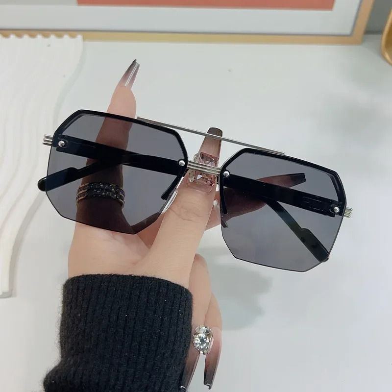 Mens Metal Square Half Frame Sunglasses Rice Nail Accent