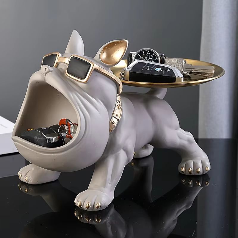 11.8in Bulldog Storage Statue Resin Dog Figurine with Tray for Home Decor