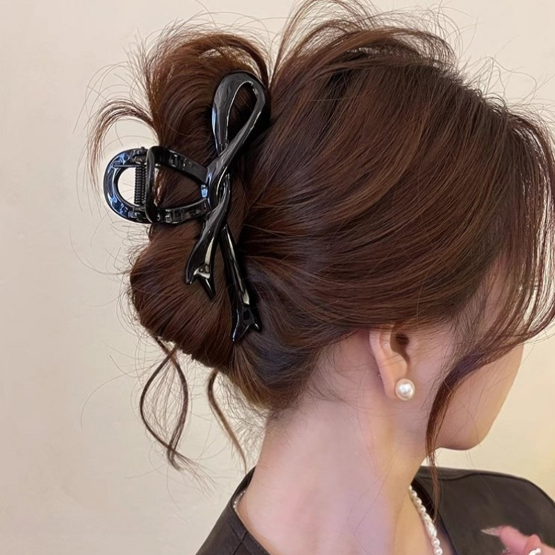 Elegant Acrylic Ribbon Bow Hair Claws for Women - Glossy Crab Clips, Ponytail Holders, and Hairpins