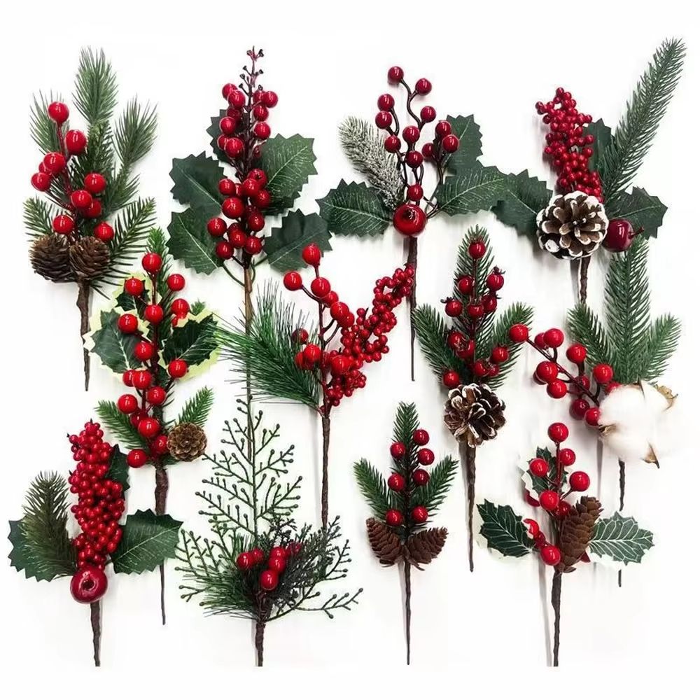 Green and Red Christmas Pine Branch Picks for DIY Holiday Decor