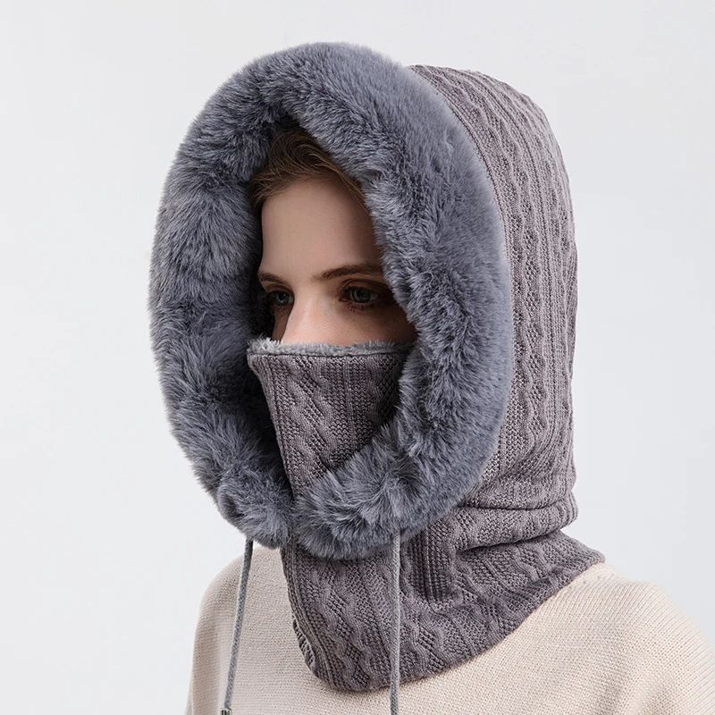 Women Winter Fur Cap Mask Set, Hooded Knitted Cashmere Balaclava Ski Hat with Thick Fluffy Beanies & Neck Warmer H