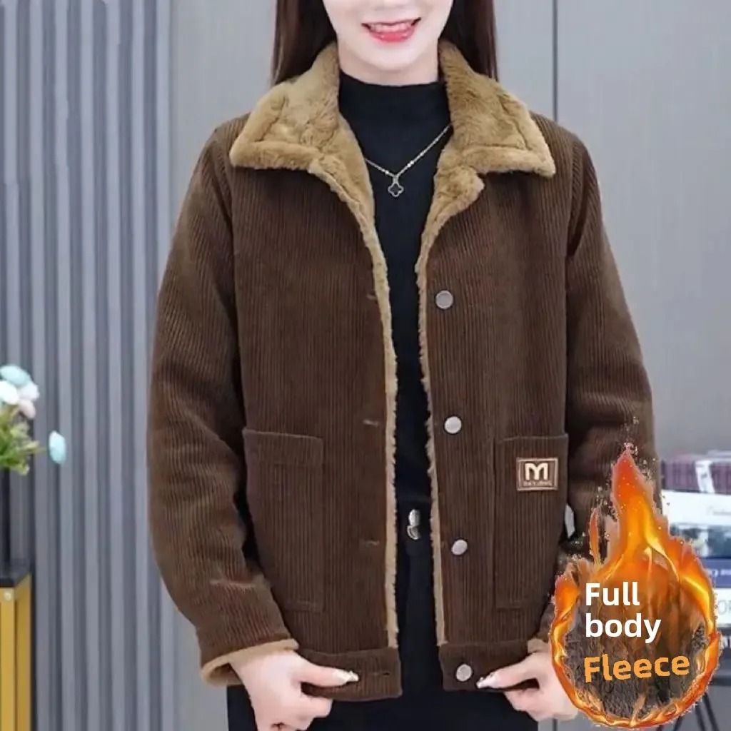 Plus Size Corduroy Short Coat with Long Sleeves
