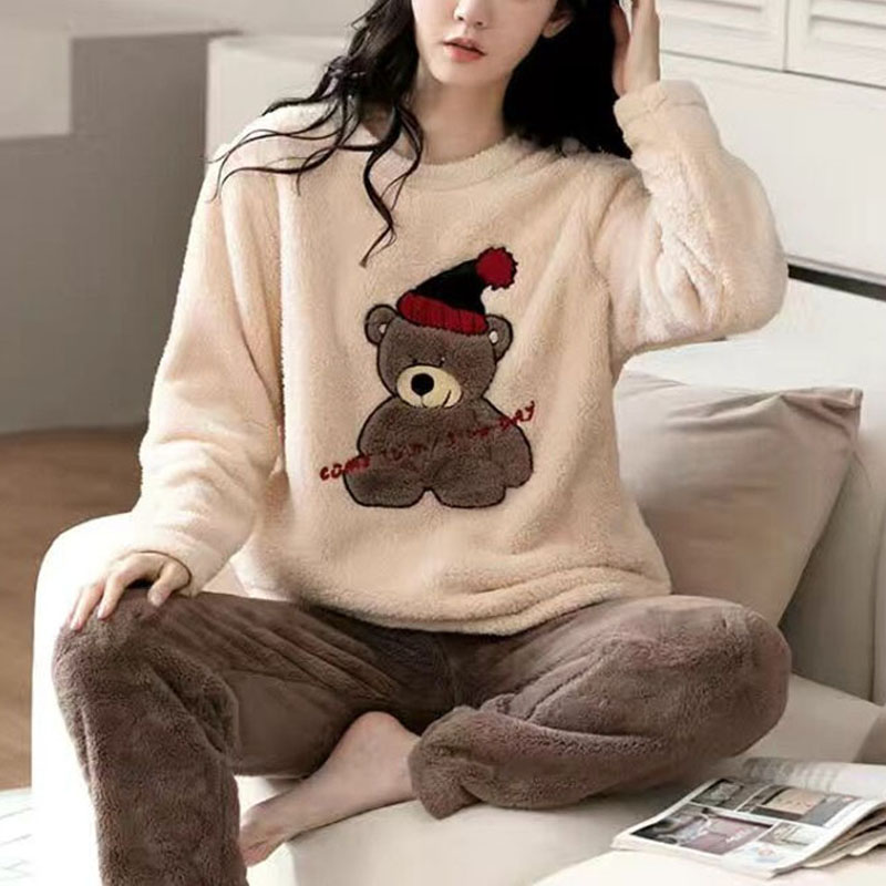 Women's Padded Warm Pajamas, Thickened Coral Velvet, Fall and Winter Long-Sleeved Long Pants Set